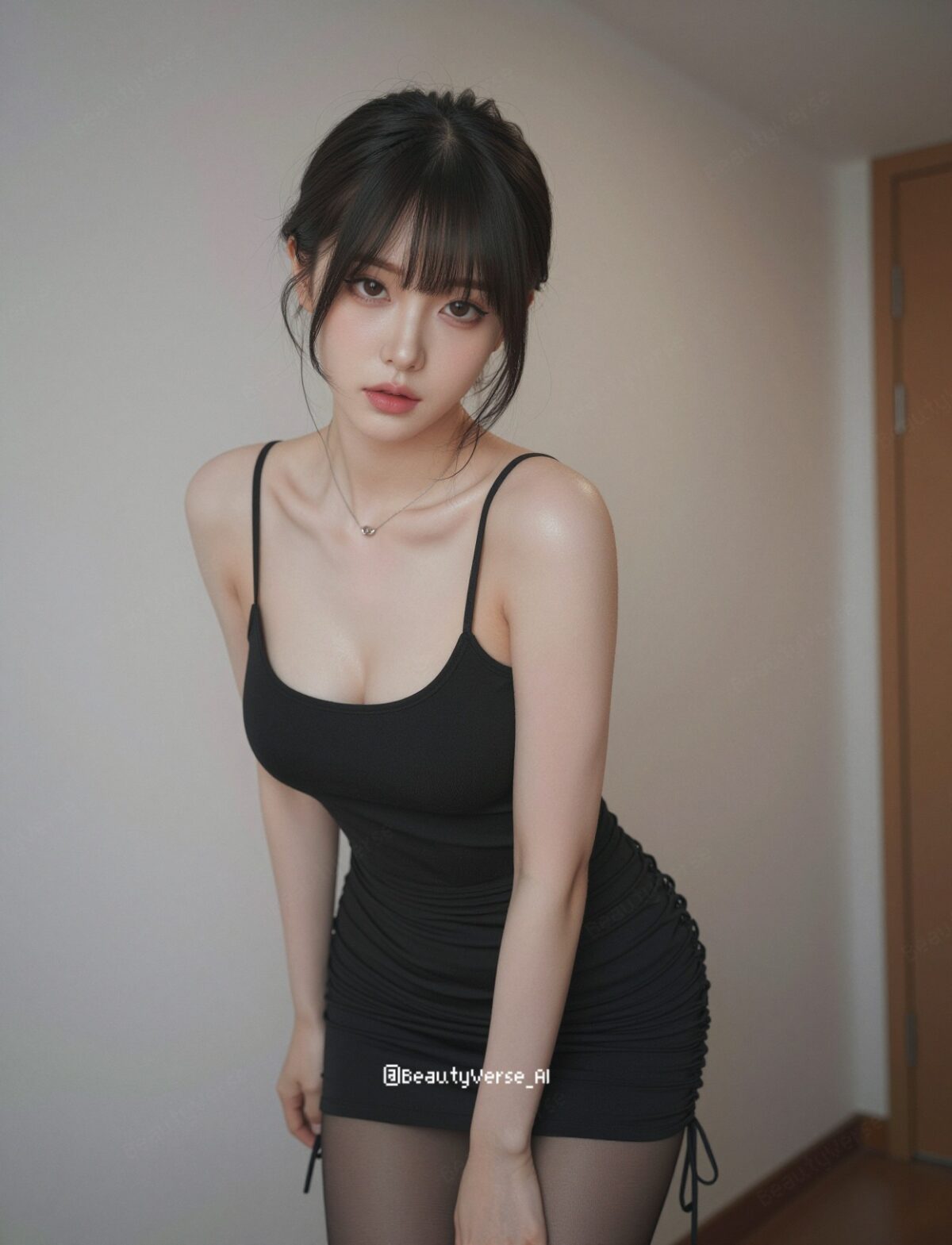 Nanobanana Pro 生成 齐刘海黑色吊带裙日本美女室内半身像 - AI绘画提示词
