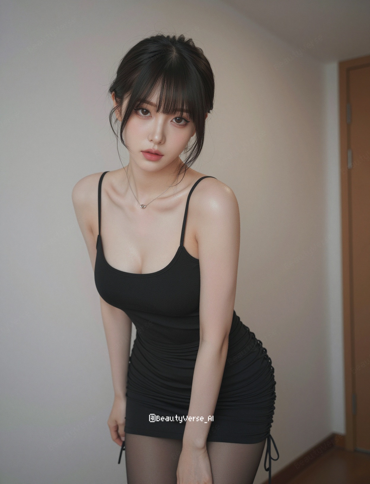 Nanobanana Pro 生成 齐刘海黑色吊带裙日本美女室内半身像 - AI绘画提示词