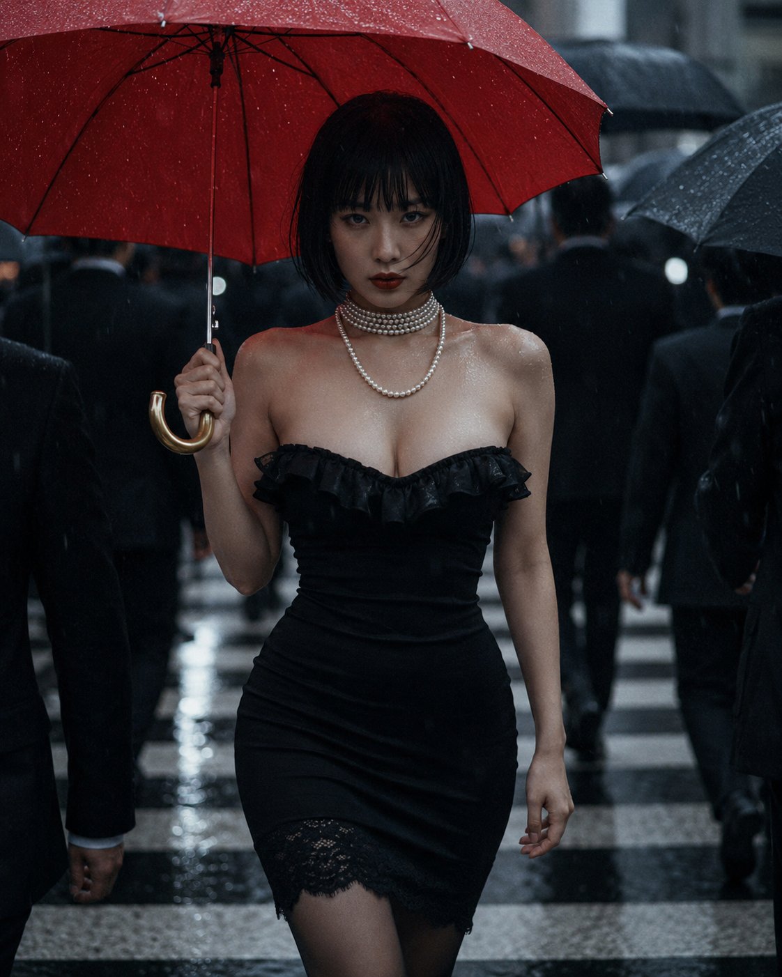 Nanobanana Pro 生成 电影感雨中红伞东亚女性肖像 - AI绘画提示词