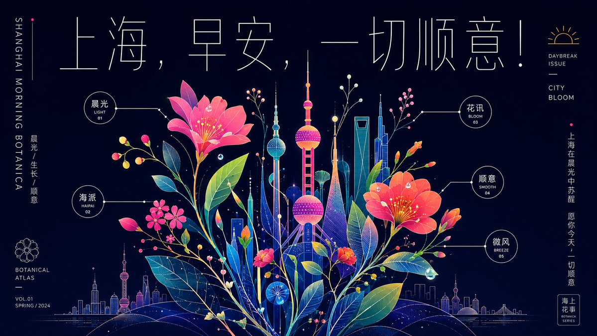 Nanobanana Pro 生成 霓彩植物图谱风格上海早安设计海报 - AI绘画提示词
