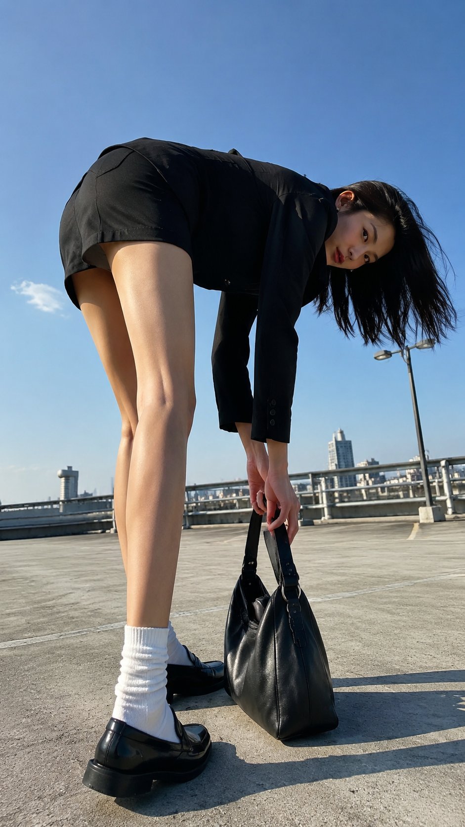 Nanobanana Pro 生成 极低视角东亚女性都市通勤写真 - AI绘画提示词