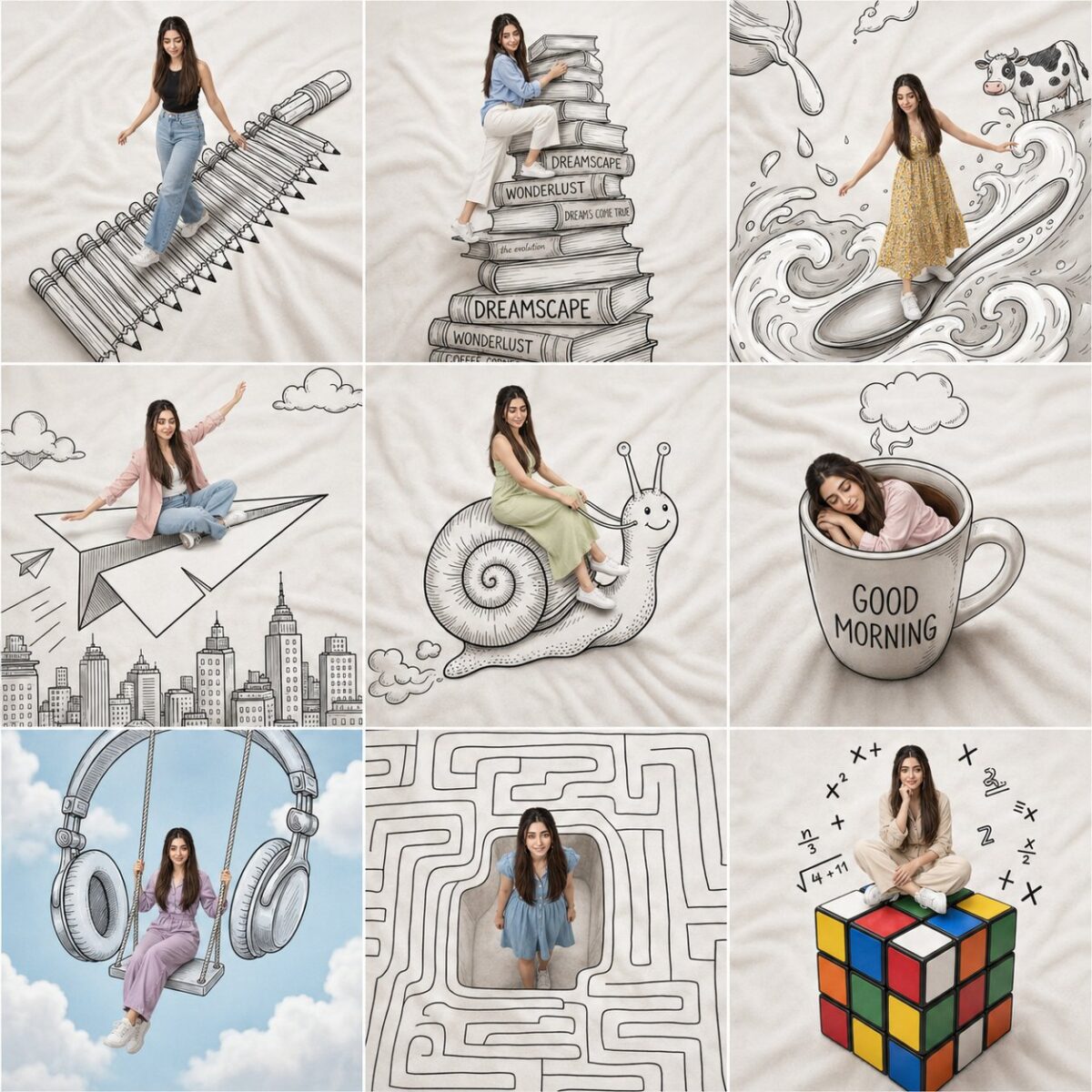 Nanobanana Pro 生成 创意九宫格女性人像手绘摄影拼贴 - AI绘画提示词