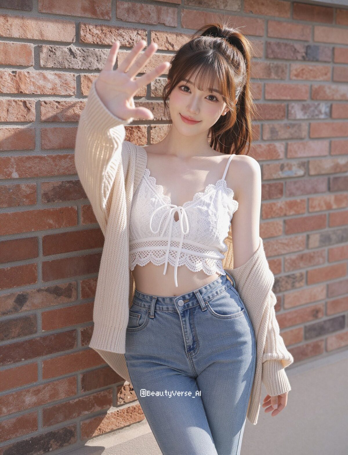Nanobanana Pro 生成 阳光红砖墙边可爱日本女性全身人像 - AI绘画提示词
