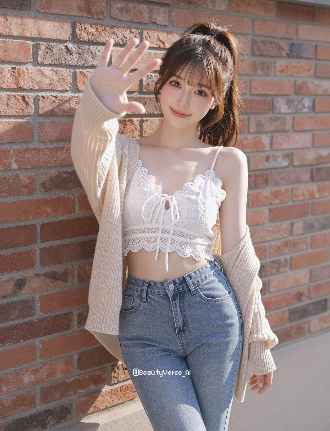 Nanobanana Pro 生成 阳光红砖墙边可爱日本女性全身人像 - AI绘画提示词