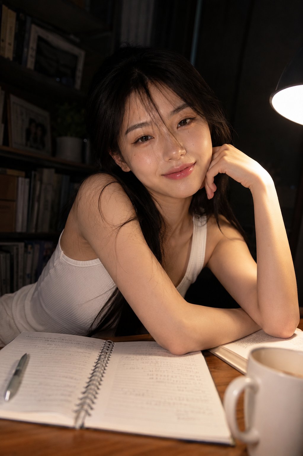 Nanobanana Pro 生成 深夜书房木桌前的年轻女性抓拍肖像 - AI绘画提示词