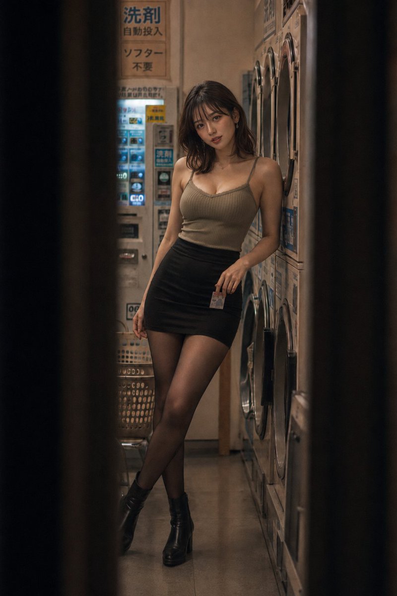 Nanobanana Pro 生成 夜晚自助洗衣店等候的年轻女性全身肖像 - AI绘画提示词