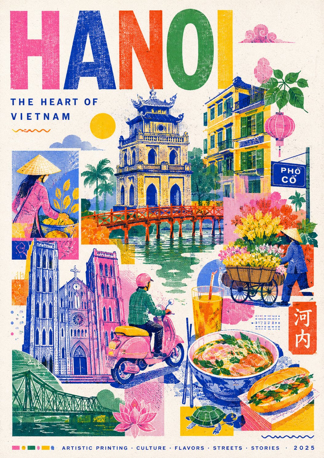 Nanobanana Pro 生成 孔版印刷风格时尚现代旅行海报 - AI绘画提示词