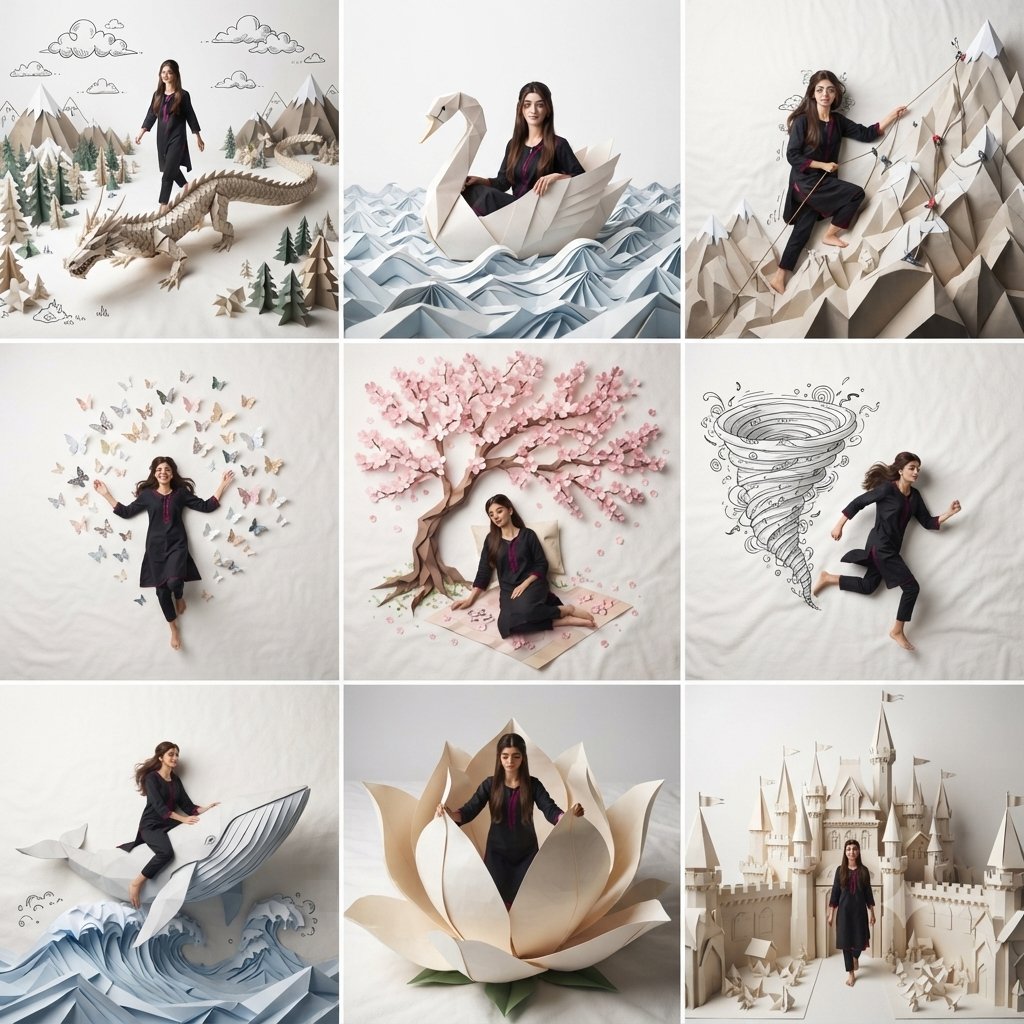 Nanobanana Pro 生成 绝美女性与折纸魔法世界拼接画 - AI绘画提示词