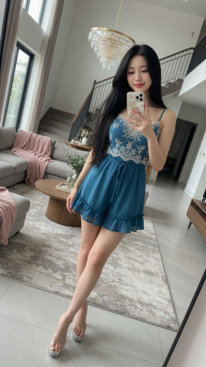 Nanobanana Pro 生成 穿着青蓝色连体衣的东亚女性室内全身自拍 - AI绘画提示词