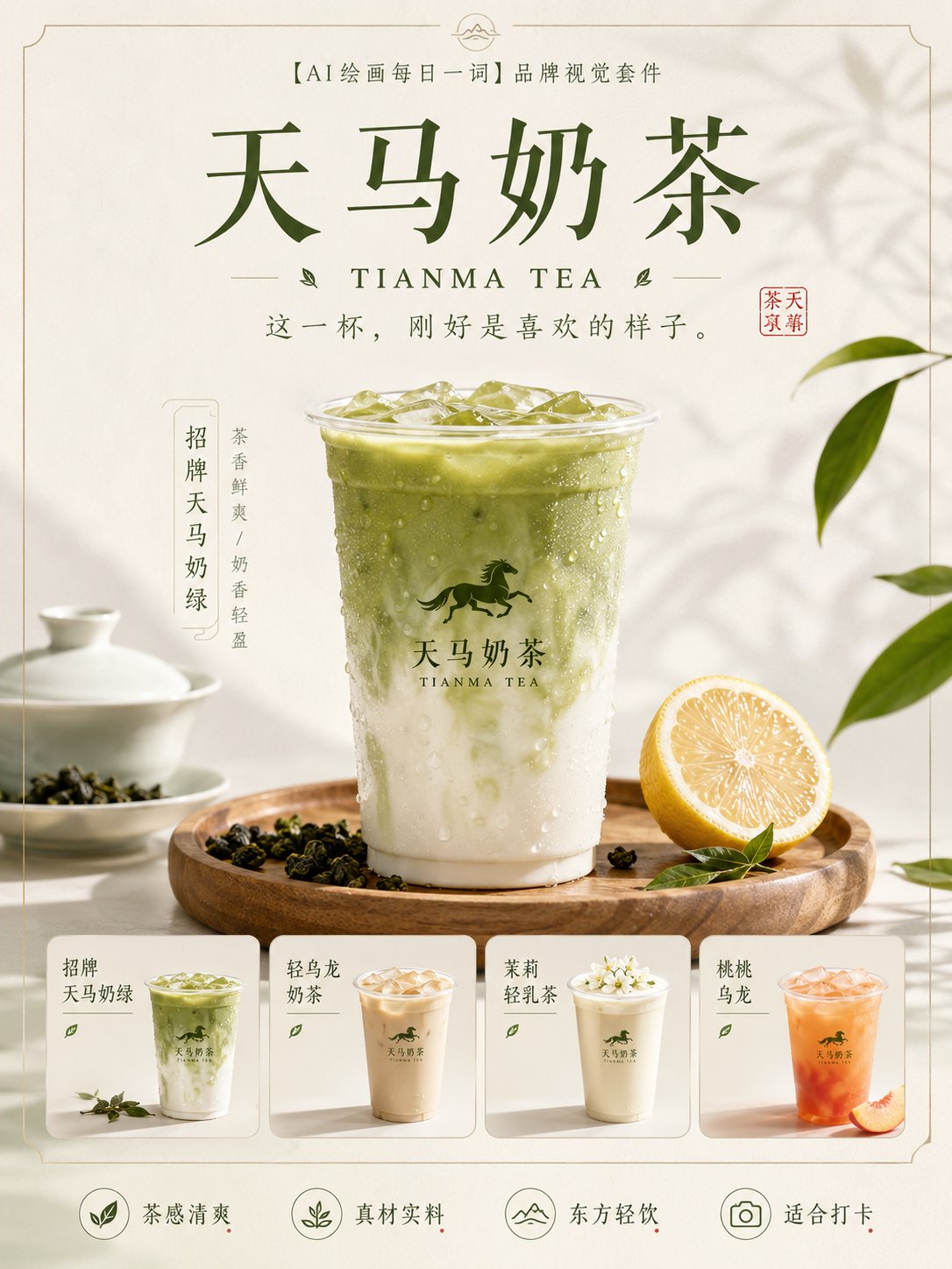 Nanobanana Pro 生成 天马奶茶新中式品牌视觉提案四连图 - AI绘画提示词
