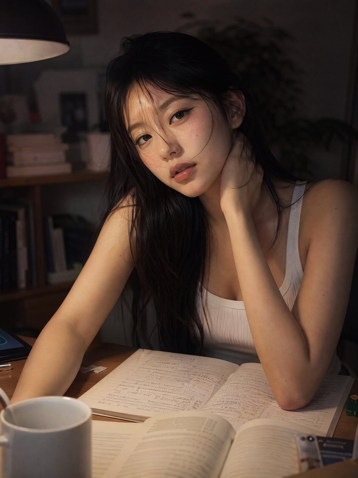 Nanobanana Pro 生成 深夜书房木质书桌旁的清纯少女 - AI绘画提示词