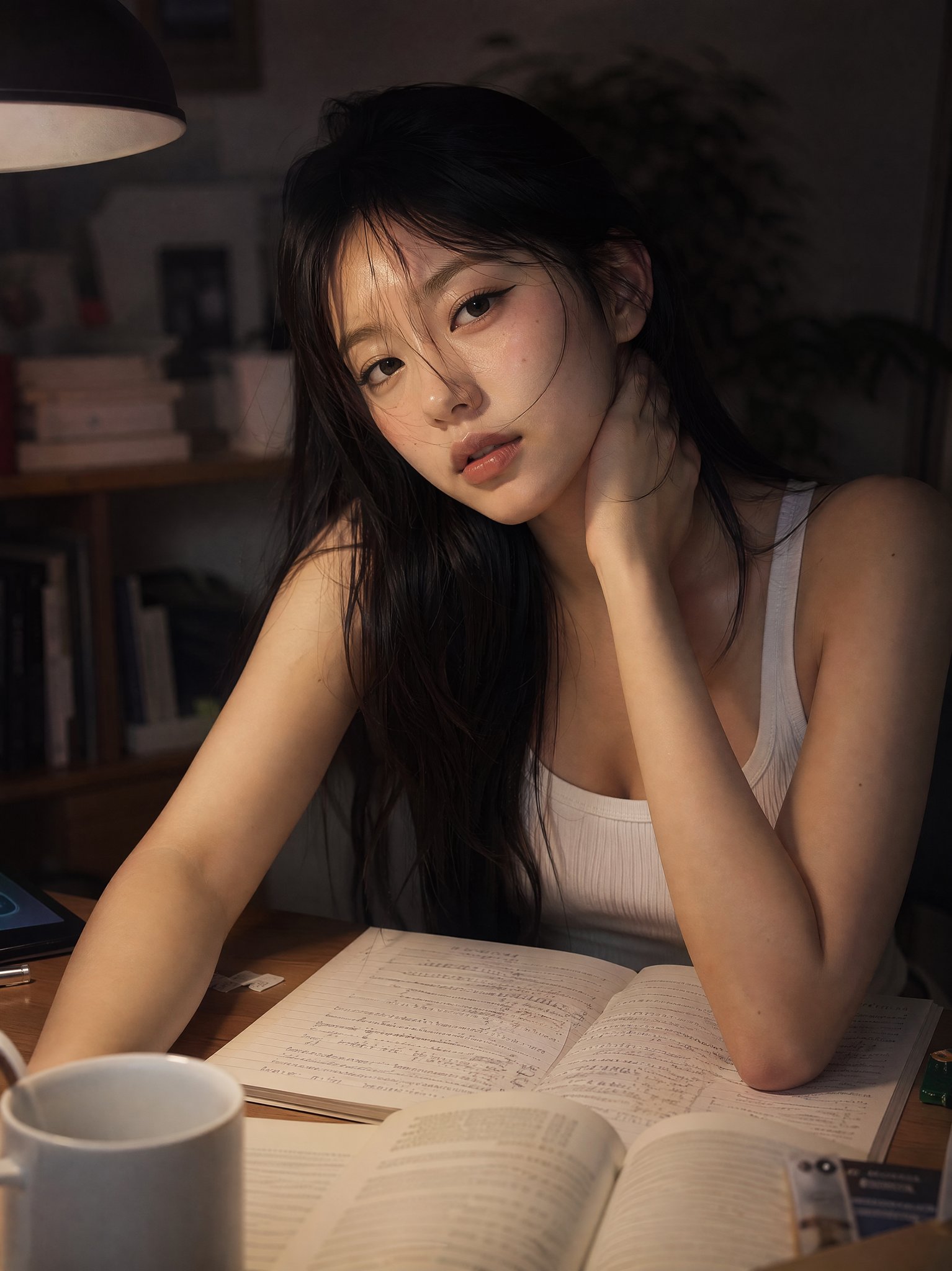 Late Night Study Room Korean Clean Girl Portrait | 深夜书房木质书桌旁的清纯少女 2 Nanobanana Pro 生成 深夜书房木质书桌旁的清纯少女 - AI绘画提示词
