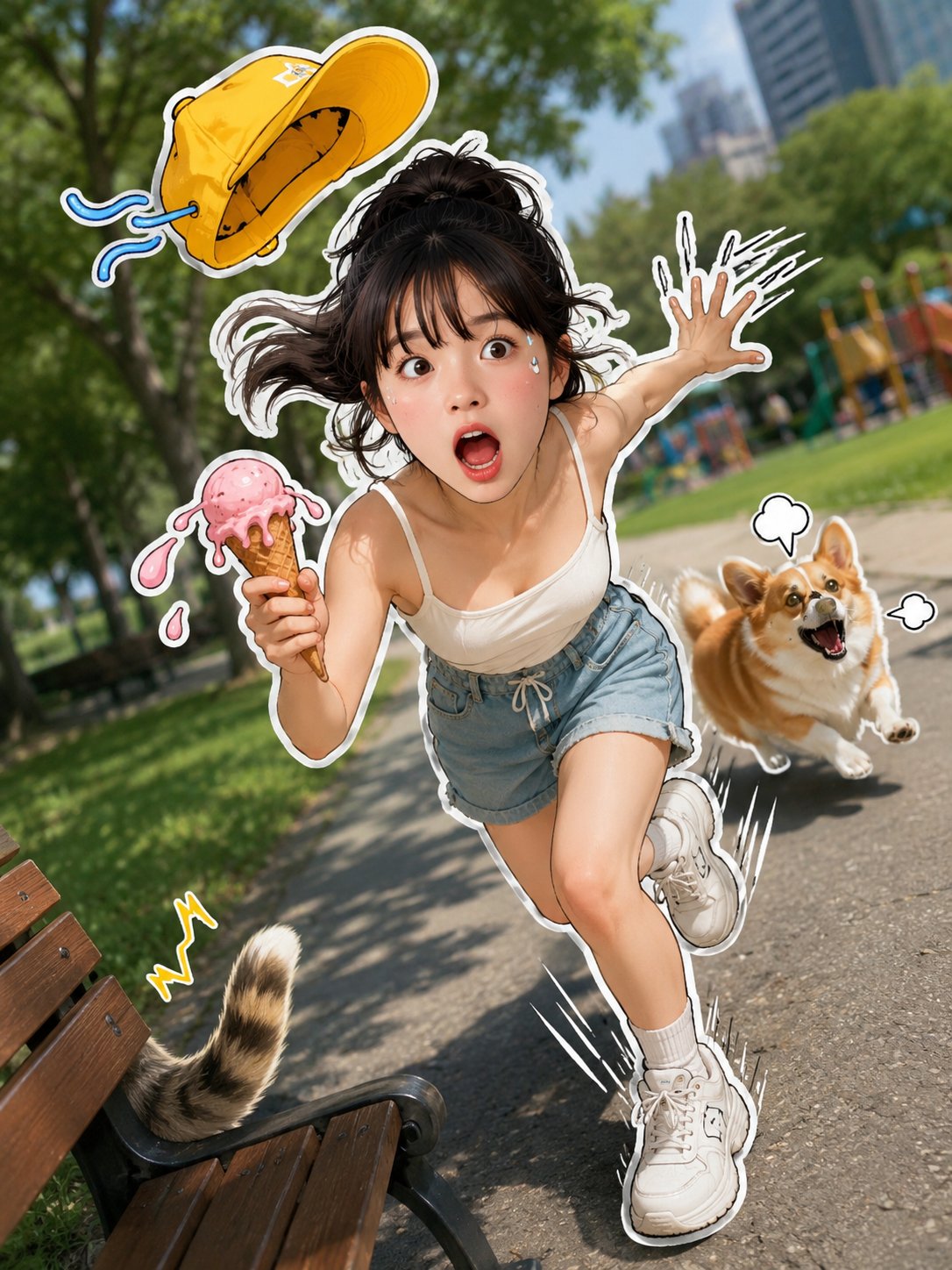 Nanobanana Pro 生成 动感都市公园奔跑少女3D贴纸 - AI绘画提示词