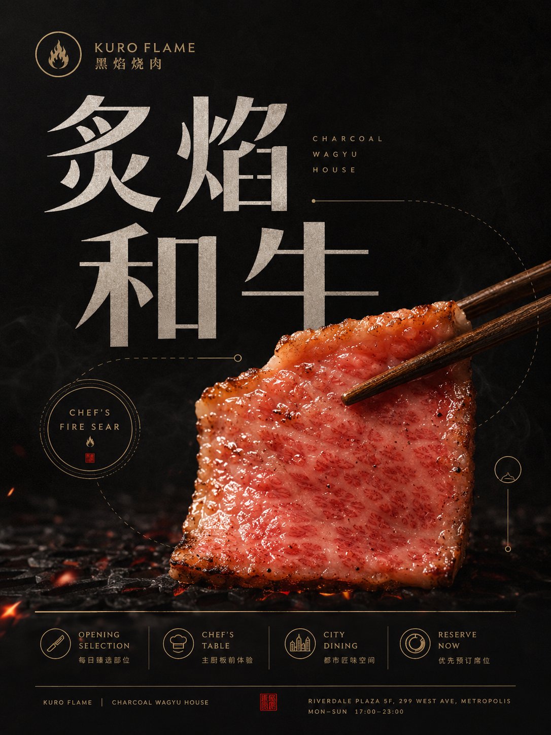 Nanobanana Pro 生成 高级暗色餐饮品牌设计海报模板 - AI绘画提示词