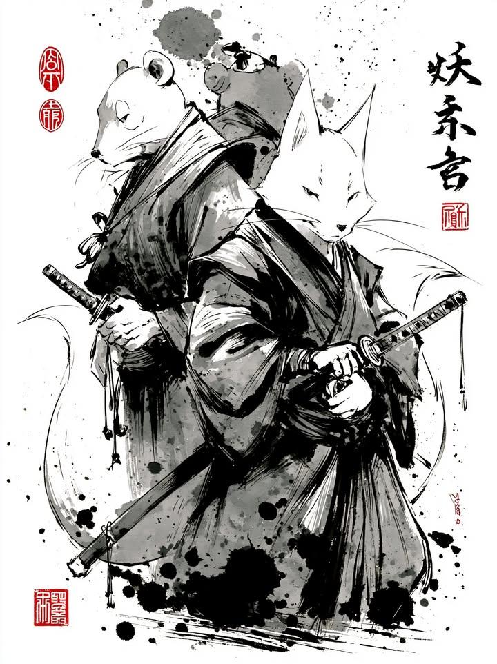 Nanobanana Pro 生成 日式水墨狐狸与老鼠武士插画 - AI绘画提示词