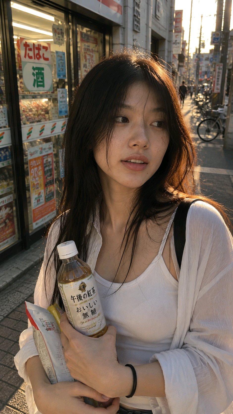 Nanobanana Pro 生成 超真实手机抓拍便利店门口年轻女性 - AI绘画提示词