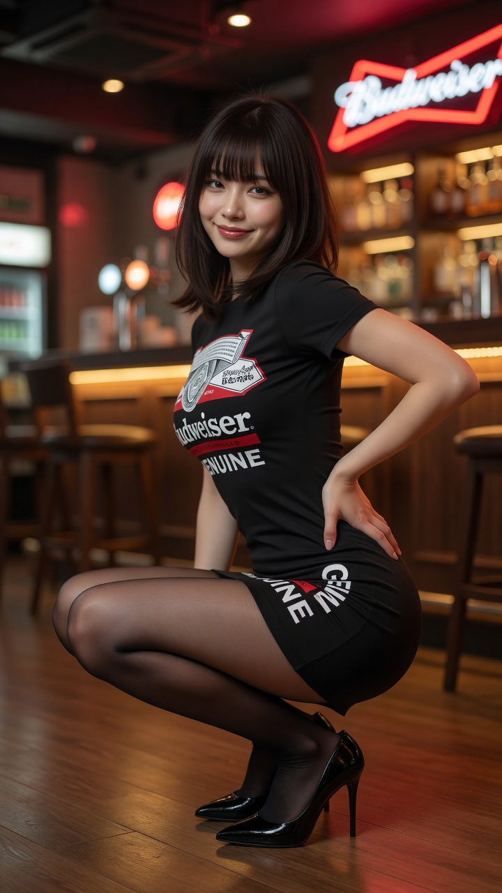 Nanobanana Pro 生成 现代酒吧中的百威短裙东亚美女 - AI绘画提示词