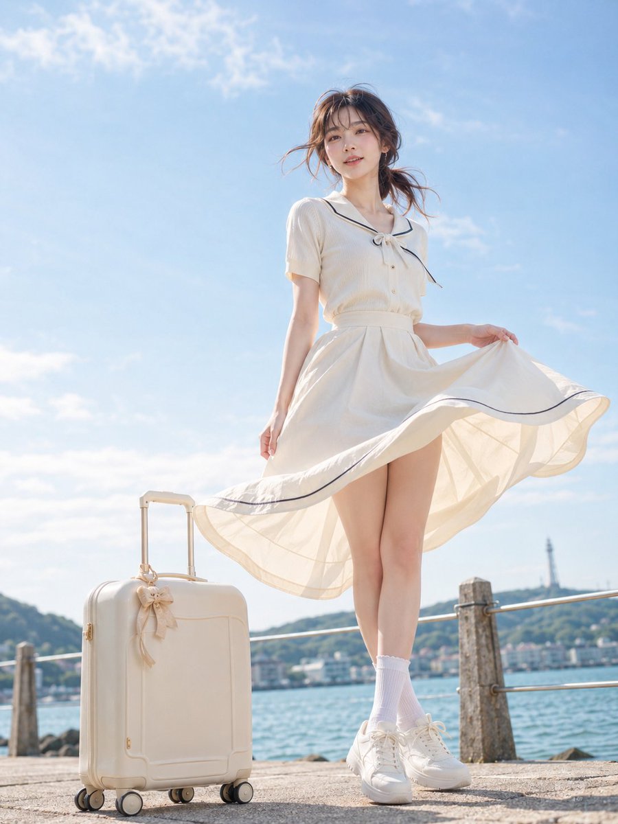 Nanobanana Pro 生成 海风旅程日系夏日海滨全景写真 - AI绘画提示词