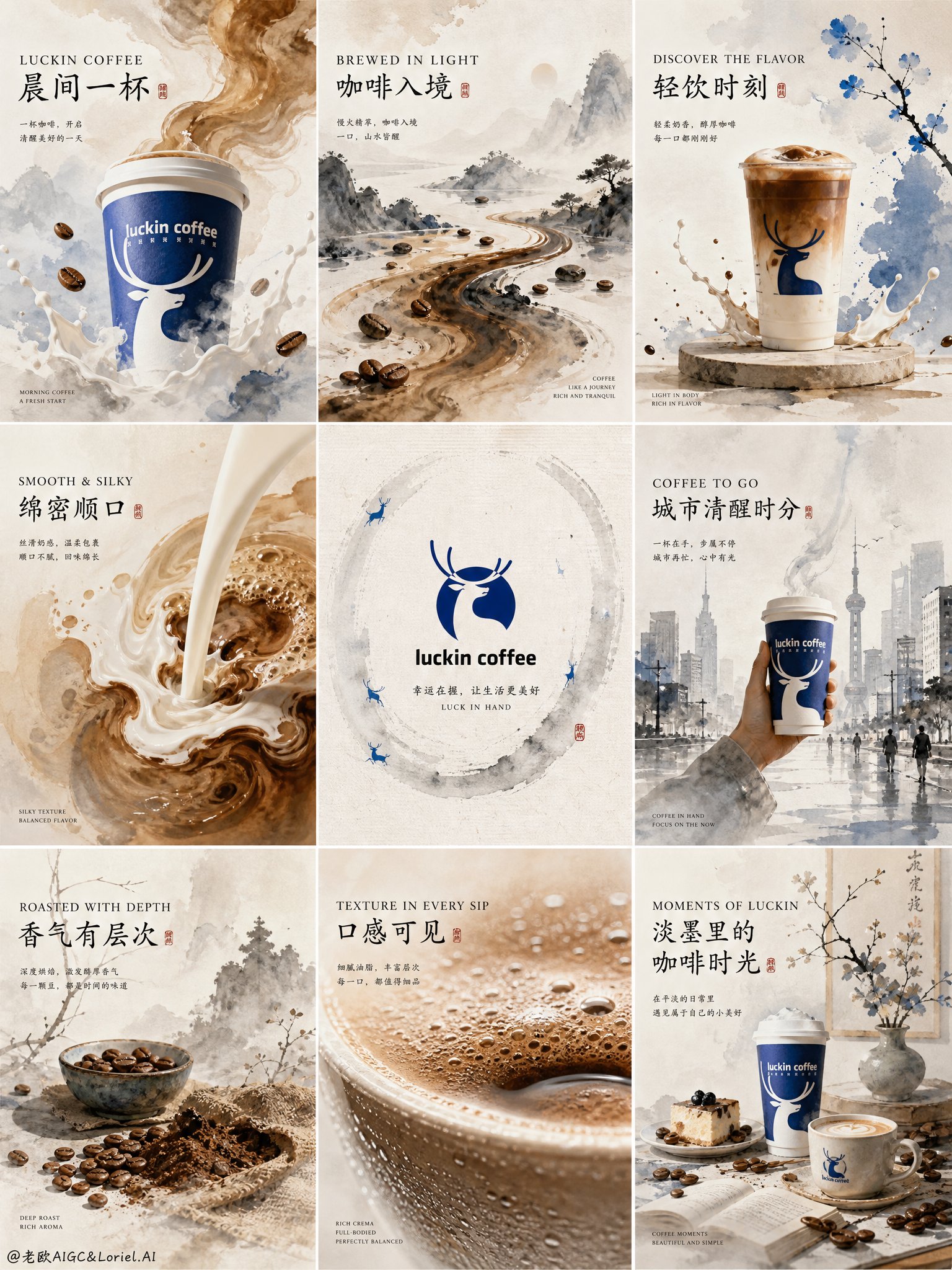 Luckin Coffee Premium Chinese Ink Wash Collage Prompt | 瑞幸咖啡高端淡彩国画水墨九宫格海报 2 Nanobanana Pro 生成 瑞幸咖啡高端淡彩国画水墨九宫格海报 - AI绘画提示词