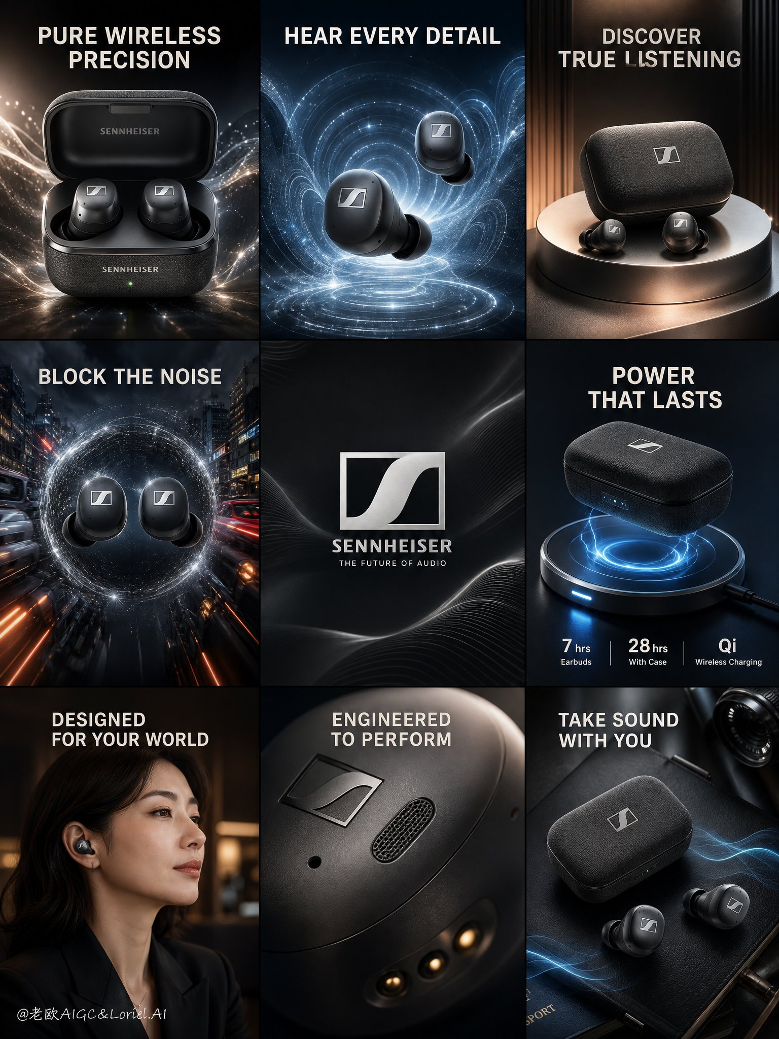 Sennheiser Earbuds 3X3 Advertising Collage Prompt | 森海塞尔蓝牙耳机九宫格广告海报 2 Nanobanana Pro 生成 森海塞尔蓝牙耳机九宫格广告海报 - AI绘画提示词