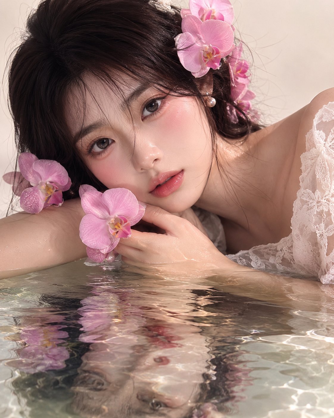 Nanobanana Pro 生成 水面映入兰花少女超写实人像 - AI绘画提示词