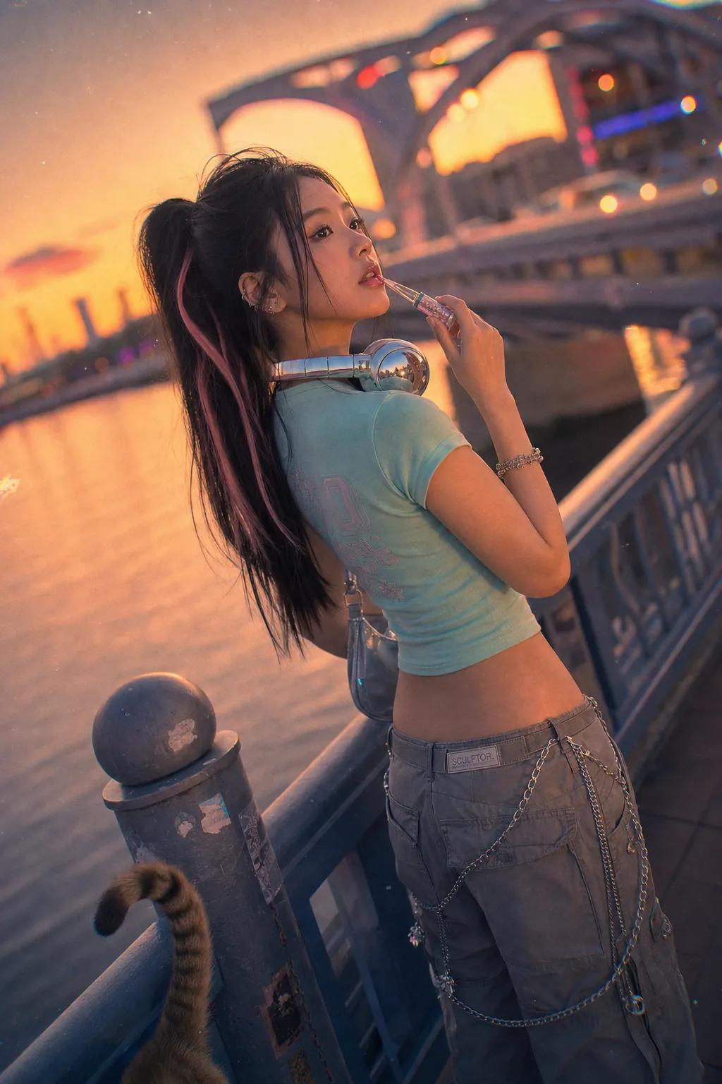 Nanobanana Pro 生成 金黄时刻桥上Y2K风格亚裔女性电影感写真 - AI绘画提示词