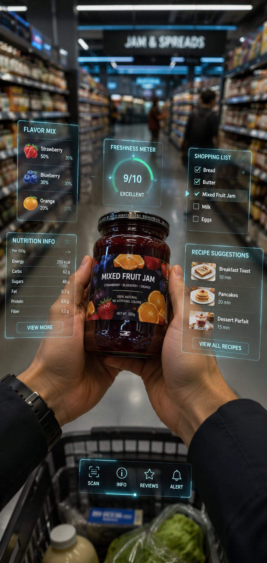 Nanobanana Pro 生成 现代超市AR增强现实果酱第一人称视角 - AI绘画提示词