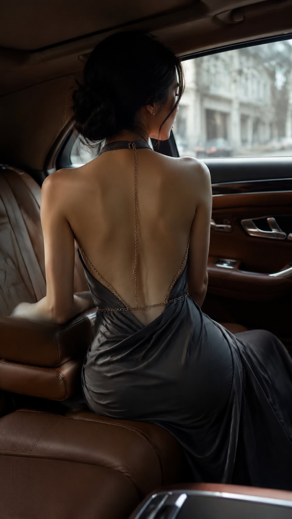 Nanobanana Pro 生成 豪车后座精致露背时尚大片 - AI绘画提示词