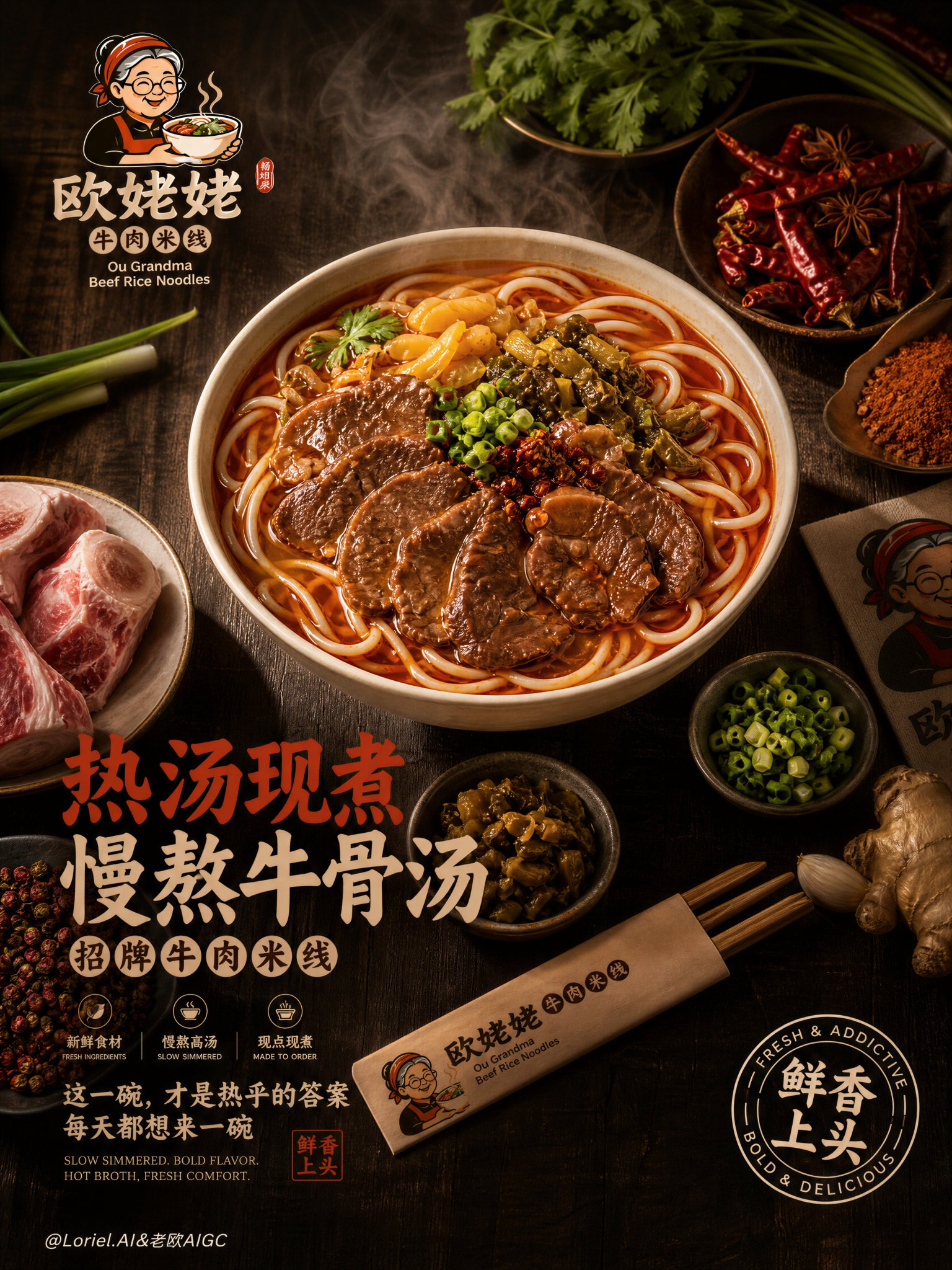 Ou Grandma Beef Rice Noodles Brand Hero Visual Poster | 欧姥姥牛肉米线品牌核心主视觉海报 2 Nanobanana Pro 生成 欧姥姥牛肉米线品牌核心主视觉海报 - AI绘画提示词