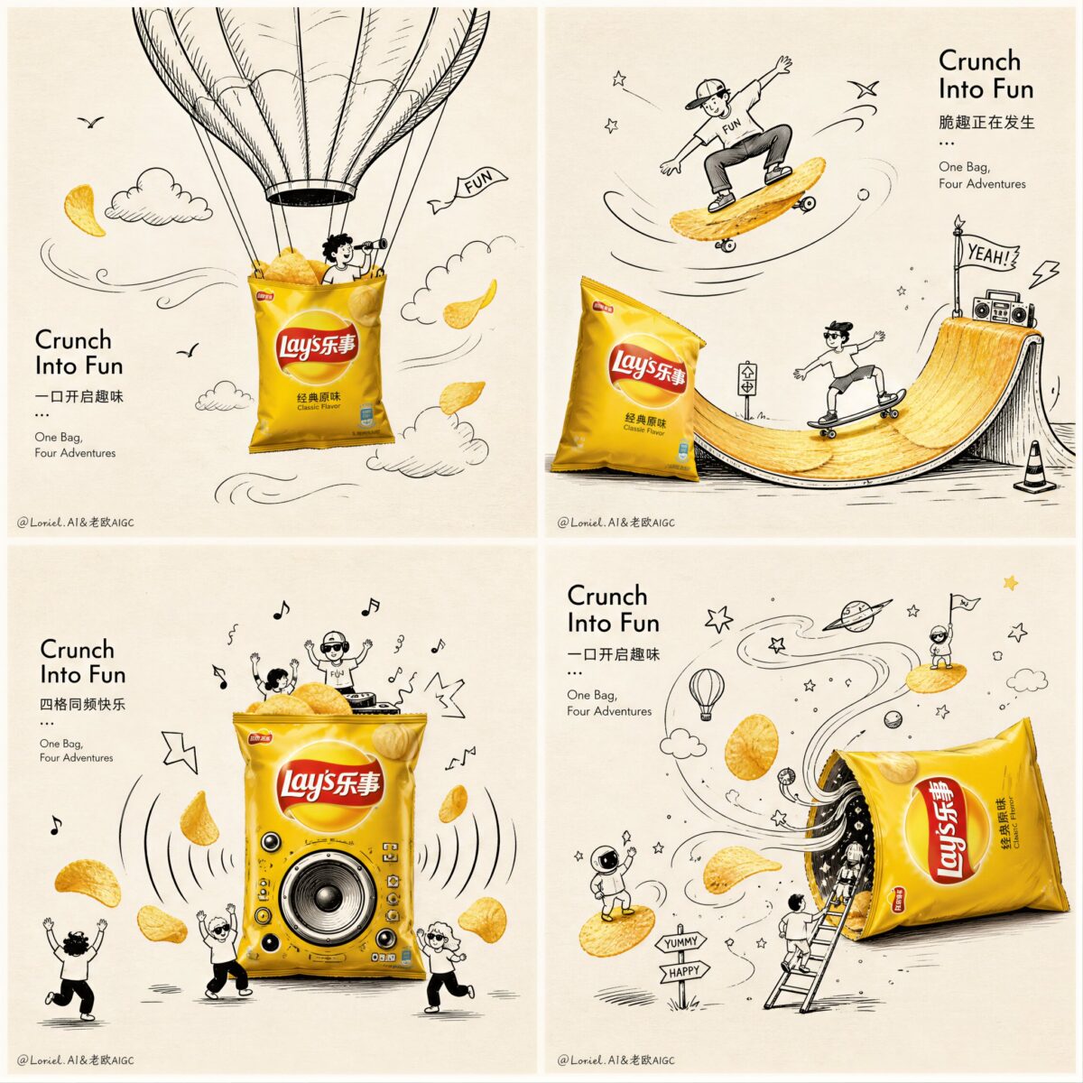 Nanobanana Pro 生成 乐事薯片四格创意涂鸦广告插画 - AI绘画提示词