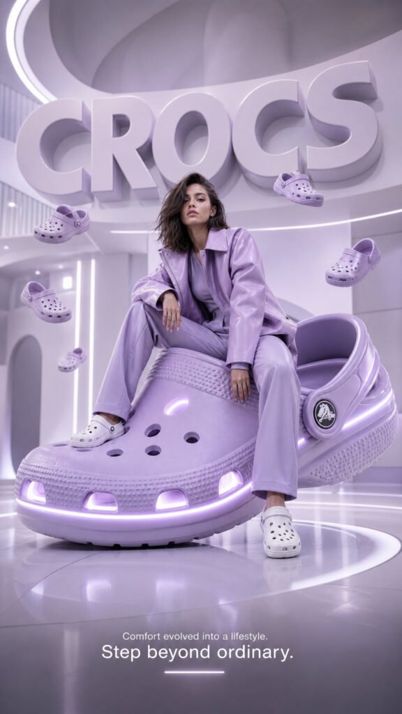 Futuristic Crocs Luxury Fashion Advertising Poster | 未来派奢侈时尚Crocs广告海报 4 Nanobanana Pro 生成 未来派奢侈时尚Crocs广告海报 - AI绘画提示词