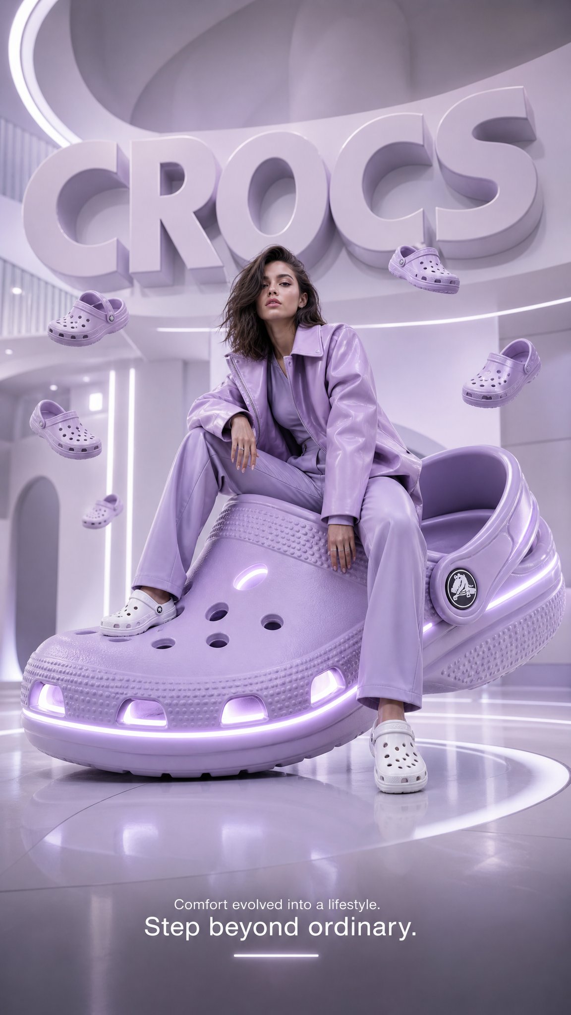 Futuristic Crocs Luxury Fashion Advertising Poster | 未来派奢侈时尚Crocs广告海报 2 Nanobanana Pro 生成 未来派奢侈时尚Crocs广告海报 - AI绘画提示词
