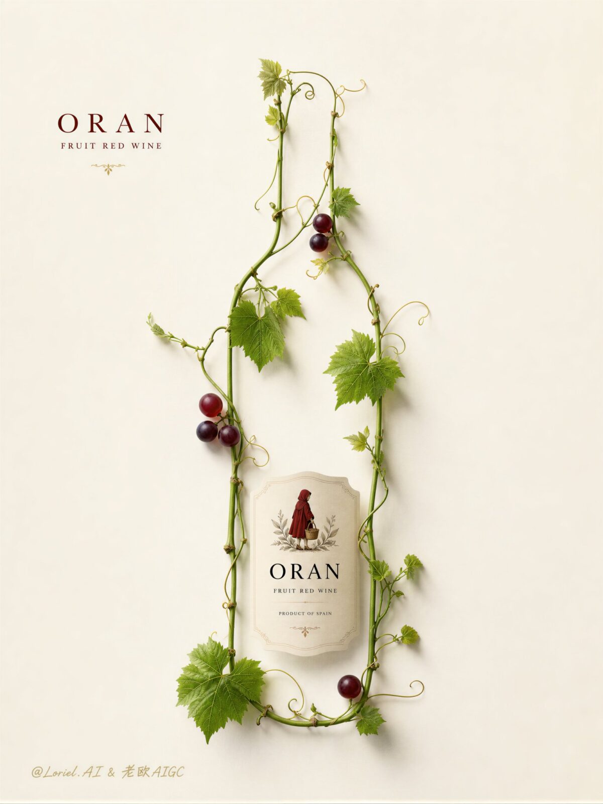Nanobanana Pro 生成 Oran西班牙水果红酒极简植物酒瓶海报 - AI绘画提示词