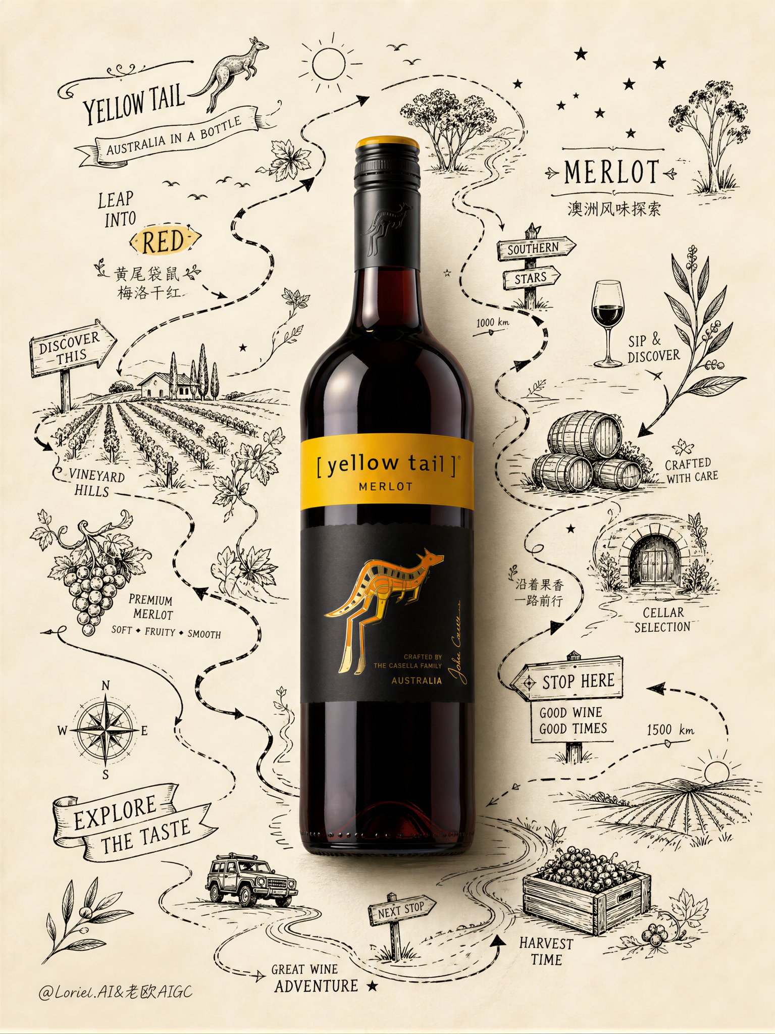 Yellow Tail Merlot Realistic Adventure Poster Design | 黄尾袋鼠梅洛红酒写实瓶身手绘探险海报 2 Nanobanana Pro 生成 黄尾袋鼠梅洛红酒写实瓶身手绘探险海报 - AI绘画提示词