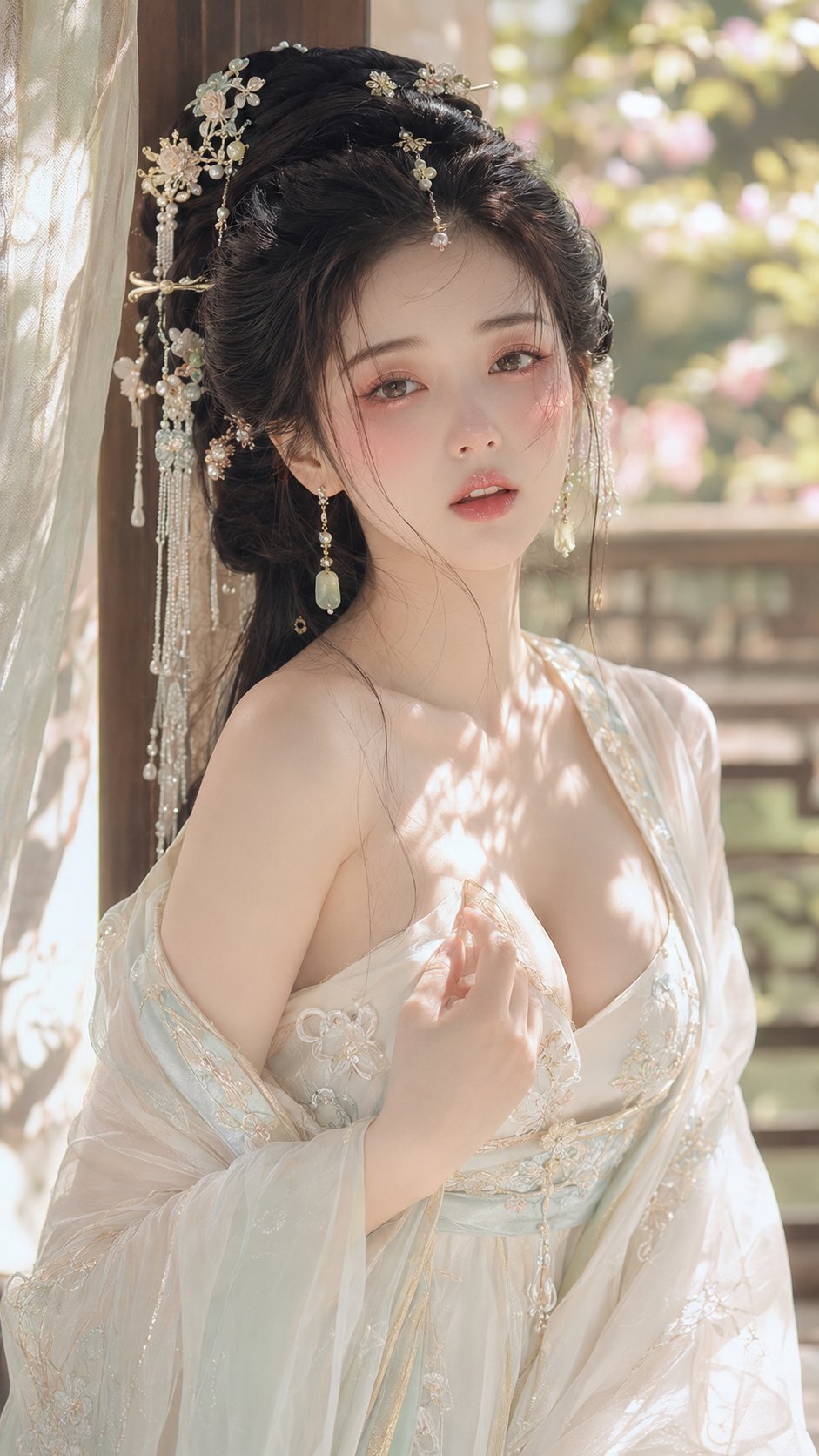 Nanobanana Pro 生成 古风贵女花影水光妆容人像特写 - AI绘画提示词