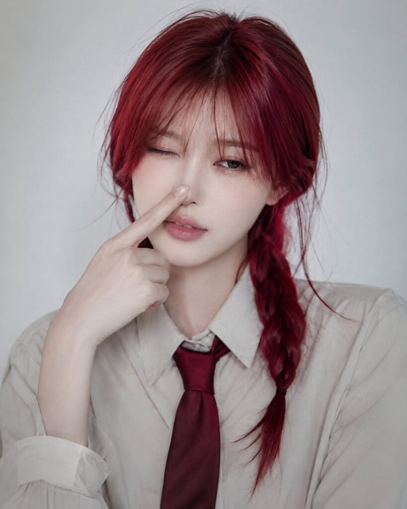 Nanobanana Pro 生成 红发麻花辫职场美女单眼眨眼特写 - AI绘画提示词