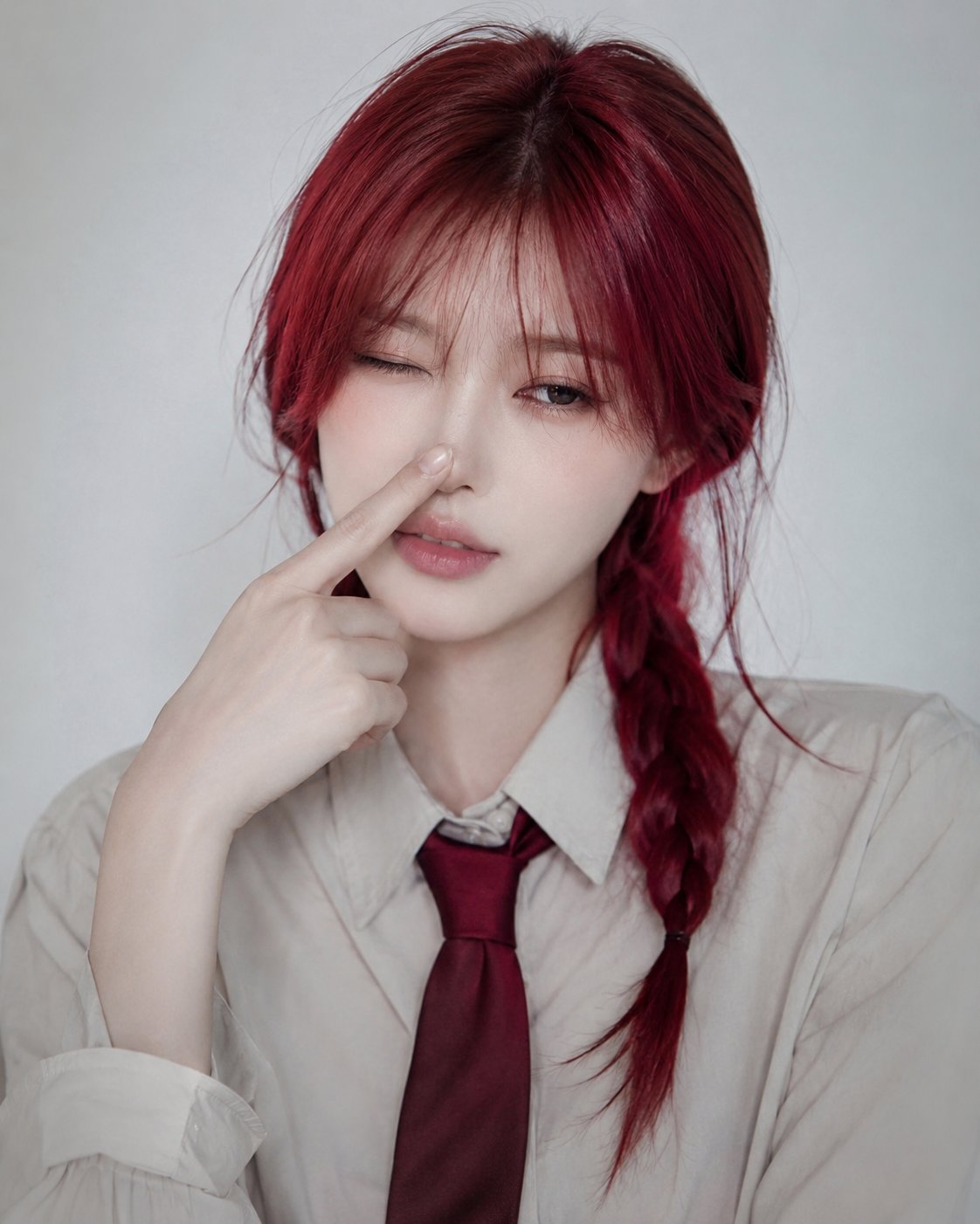 Nanobanana Pro 生成 红发麻花辫职场美女单眼眨眼特写 - AI绘画提示词