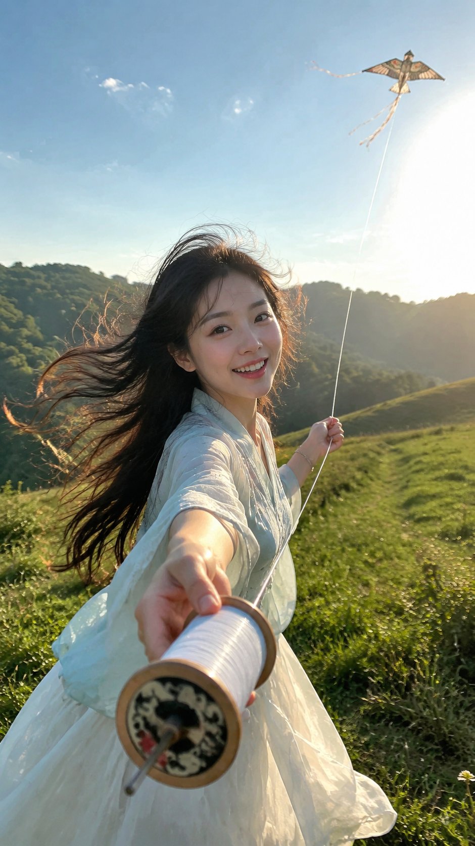 Nanobanana Pro 生成 夏日放风筝新中式少女POV超写实人像 - AI绘画提示词