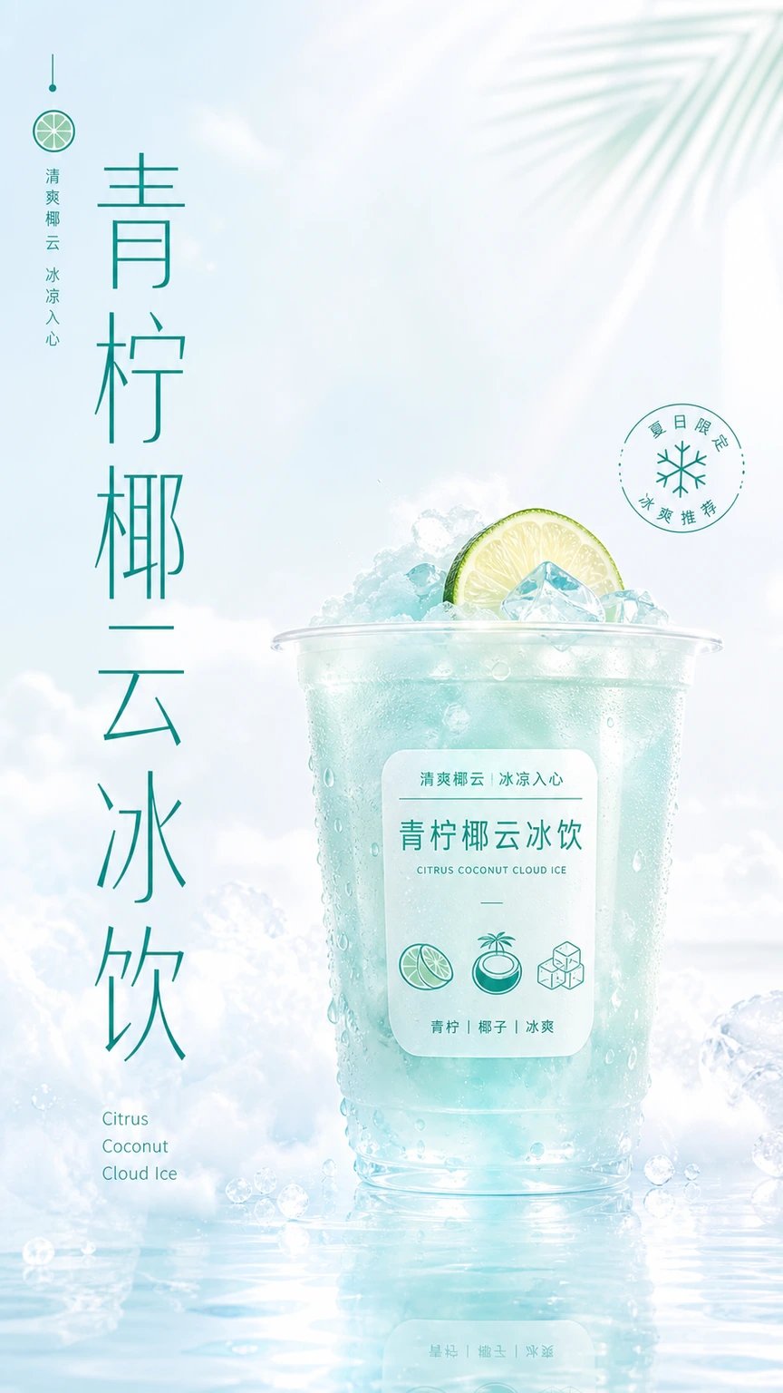 Nanobanana Pro 生成 青柠椰云冰饮夏日清爽视觉图 - AI绘画提示词