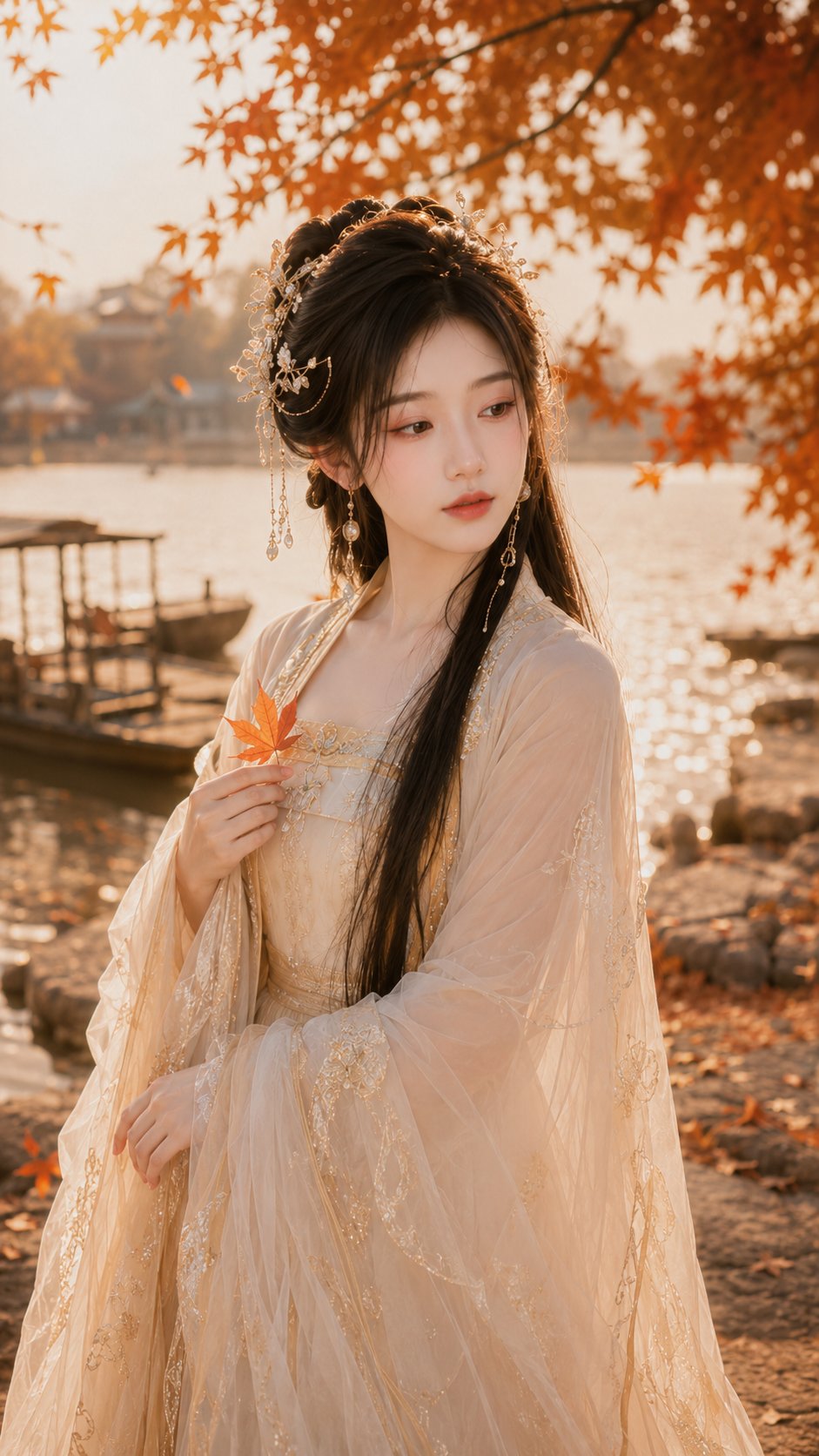 Nanobanana Pro 生成 唐风仙侠秋日江边温婉写真 - AI绘画提示词