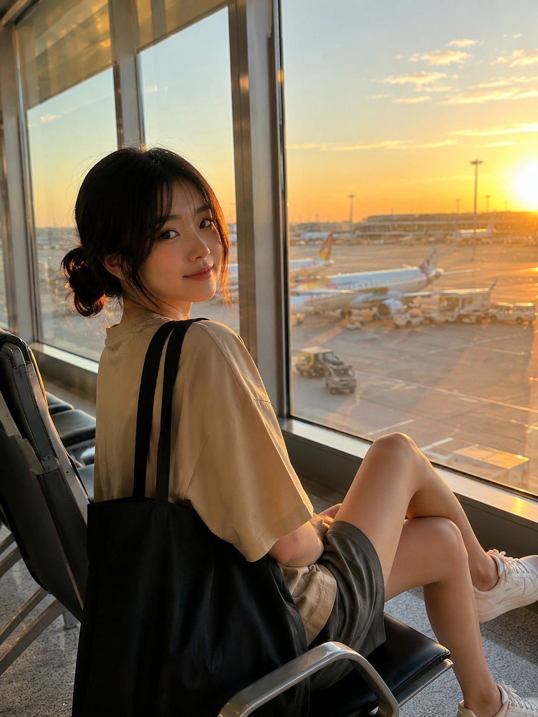 Nanobanana Pro 生成 机场落地窗前的韩国美女纪实摄影 - AI绘画提示词