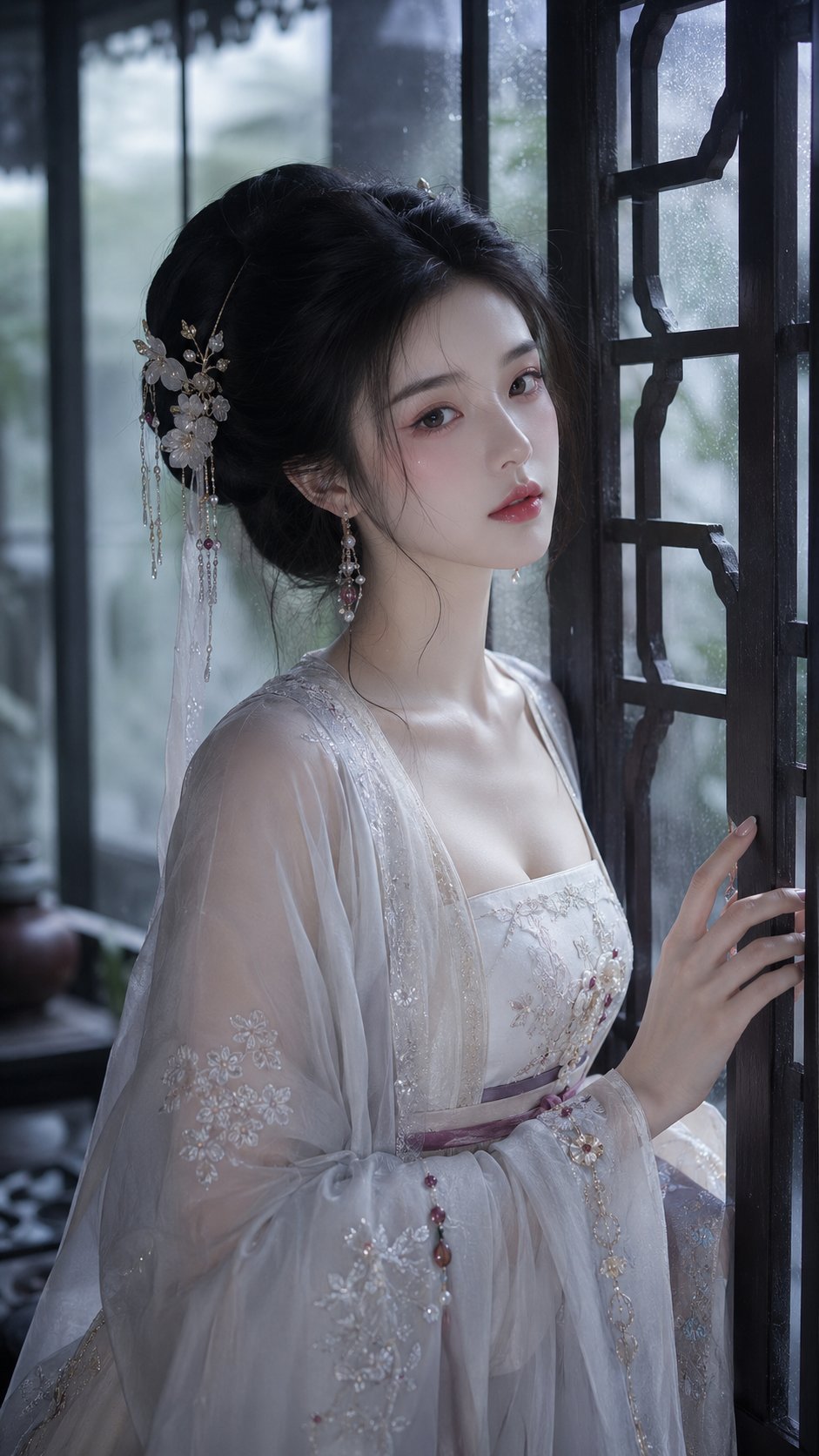 Nanobanana Pro 生成 古风贵女冷感水光美妆写真雨后江南 - AI绘画提示词