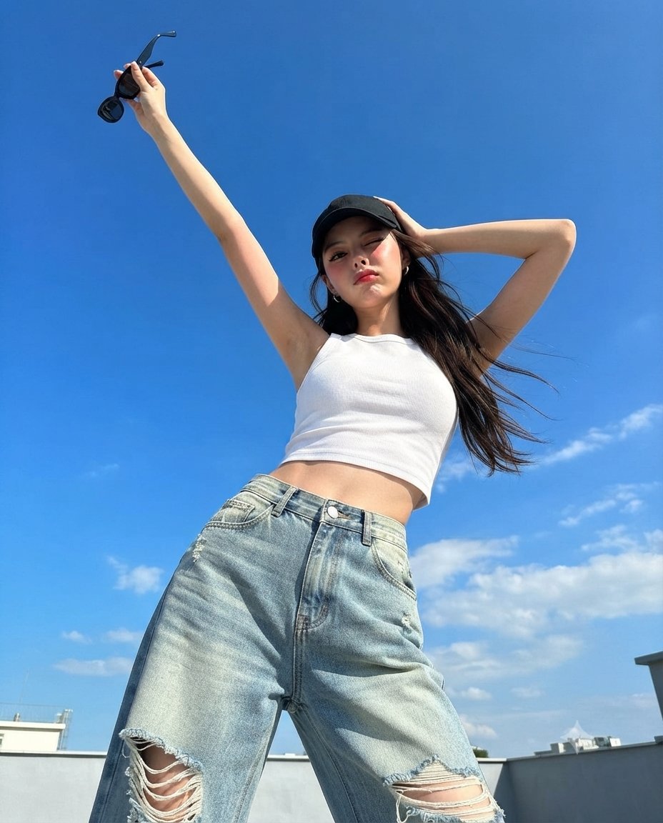 Nanobanana Pro 生成 楼顶蓝天仰拍视角写实女性手机街拍 - AI绘画提示词