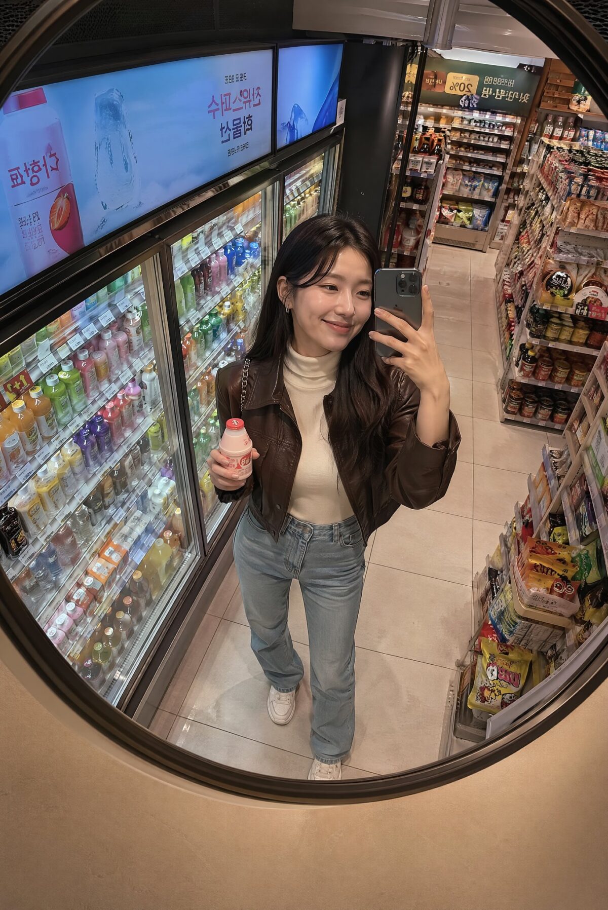 Nanobanana Pro 生成 深夜韩国便利店凸面镜时尚抓拍 - AI绘画提示词