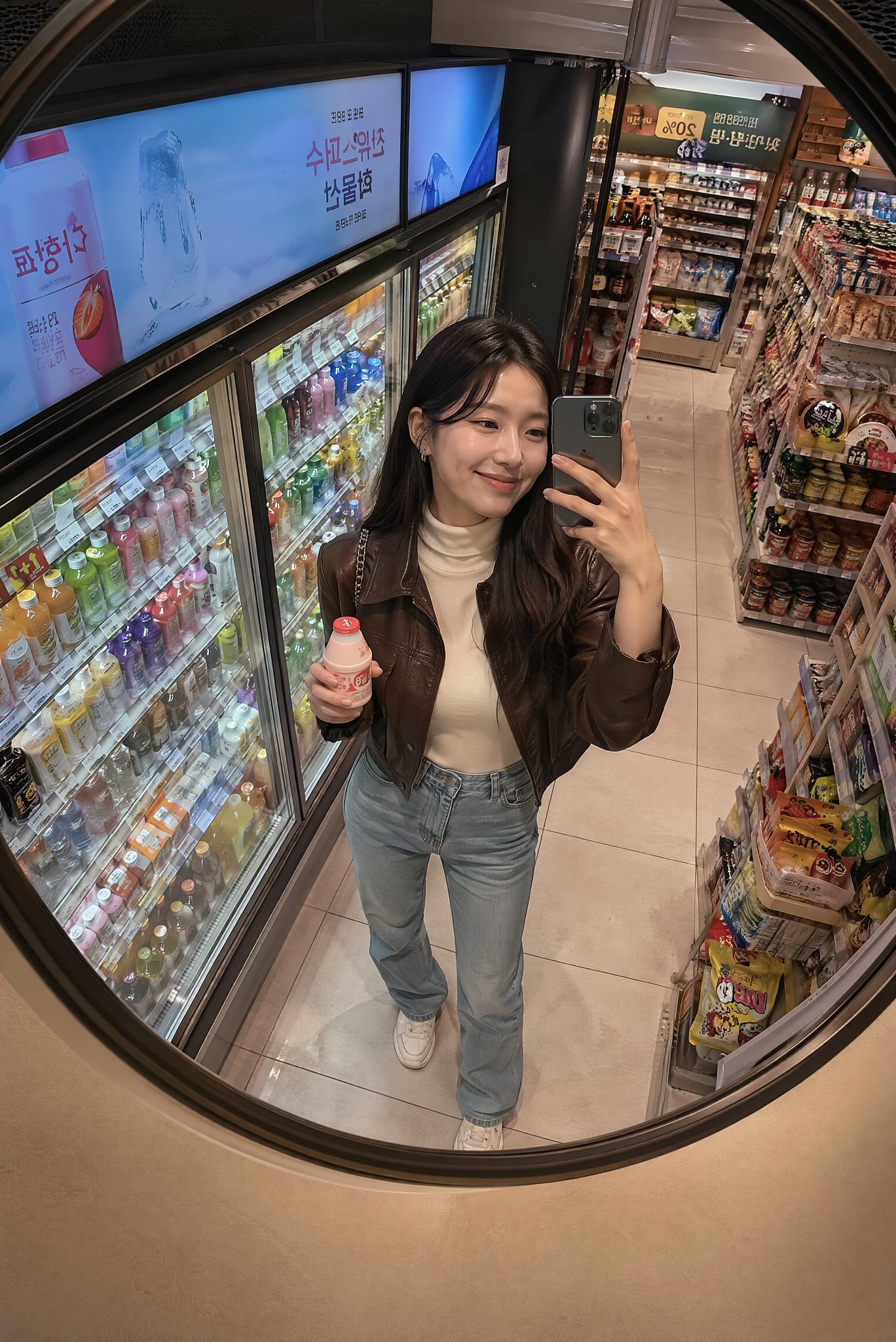 Nanobanana Pro 生成 深夜韩国便利店凸面镜时尚抓拍 - AI绘画提示词
