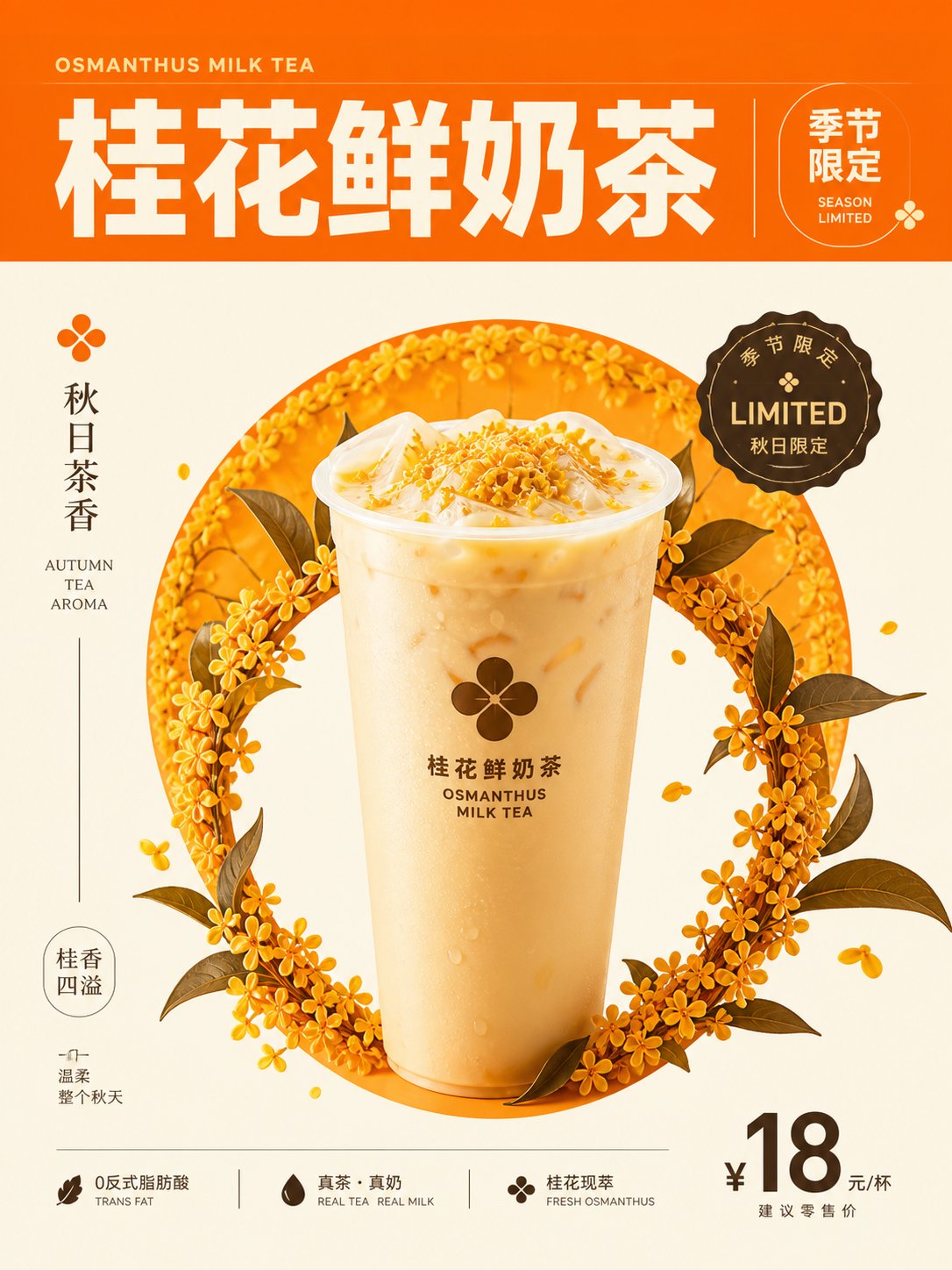 Nanobanana Pro 生成 现代极简视觉张力桂花鲜奶茶海报 - AI绘画提示词