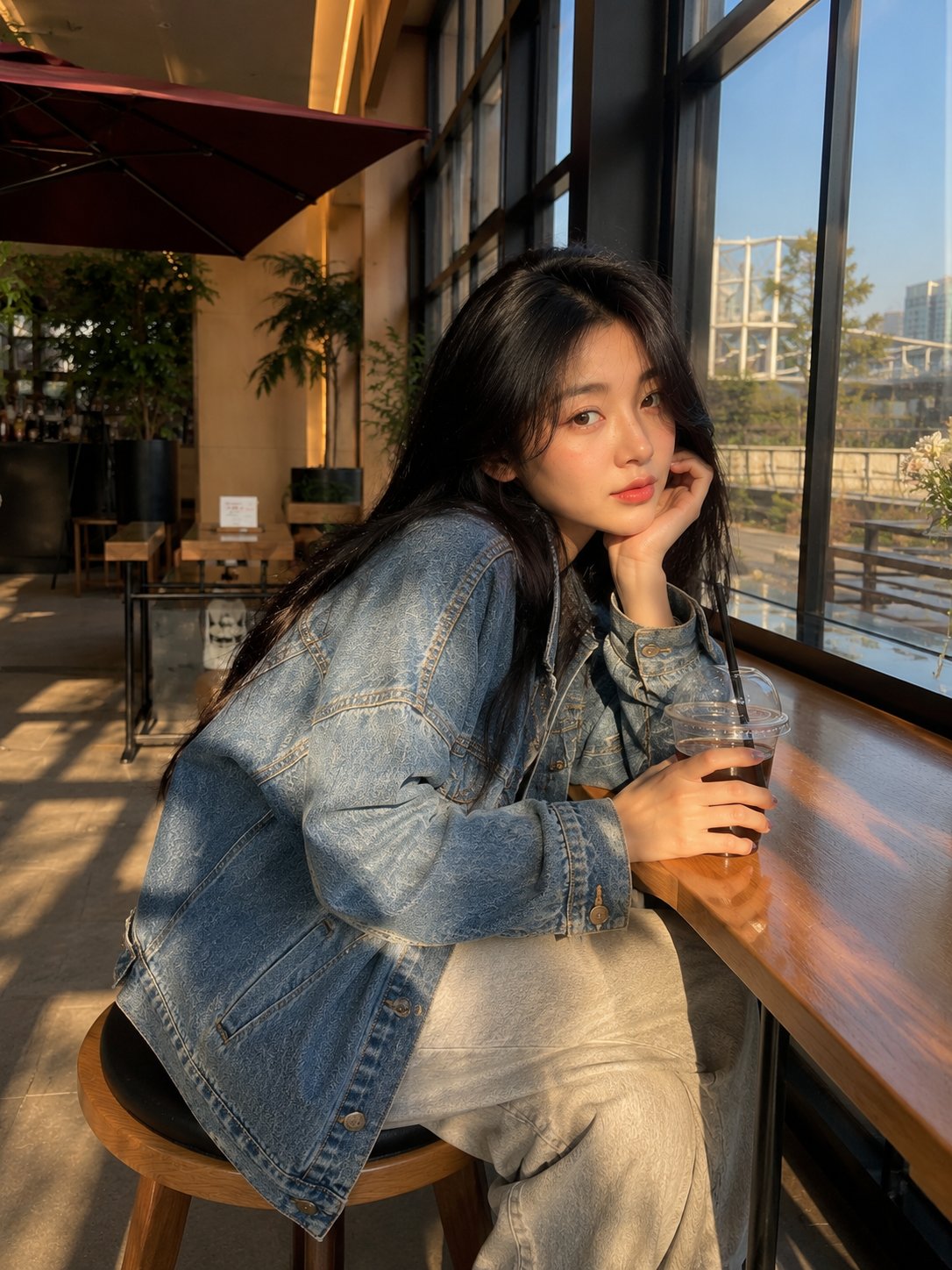 Nanobanana Pro 生成 室内咖啡馆牛仔外套美女写实肖像 - AI绘画提示词