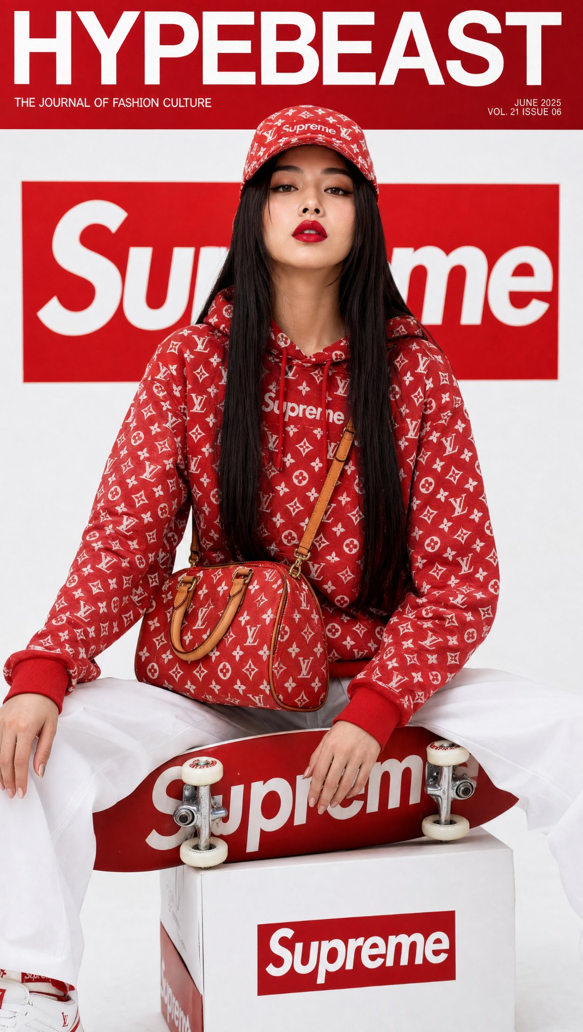 Nanobanana Pro 生成 潮流奢华韩裔女性 Supreme LV 杂志封面 - AI绘画提示词