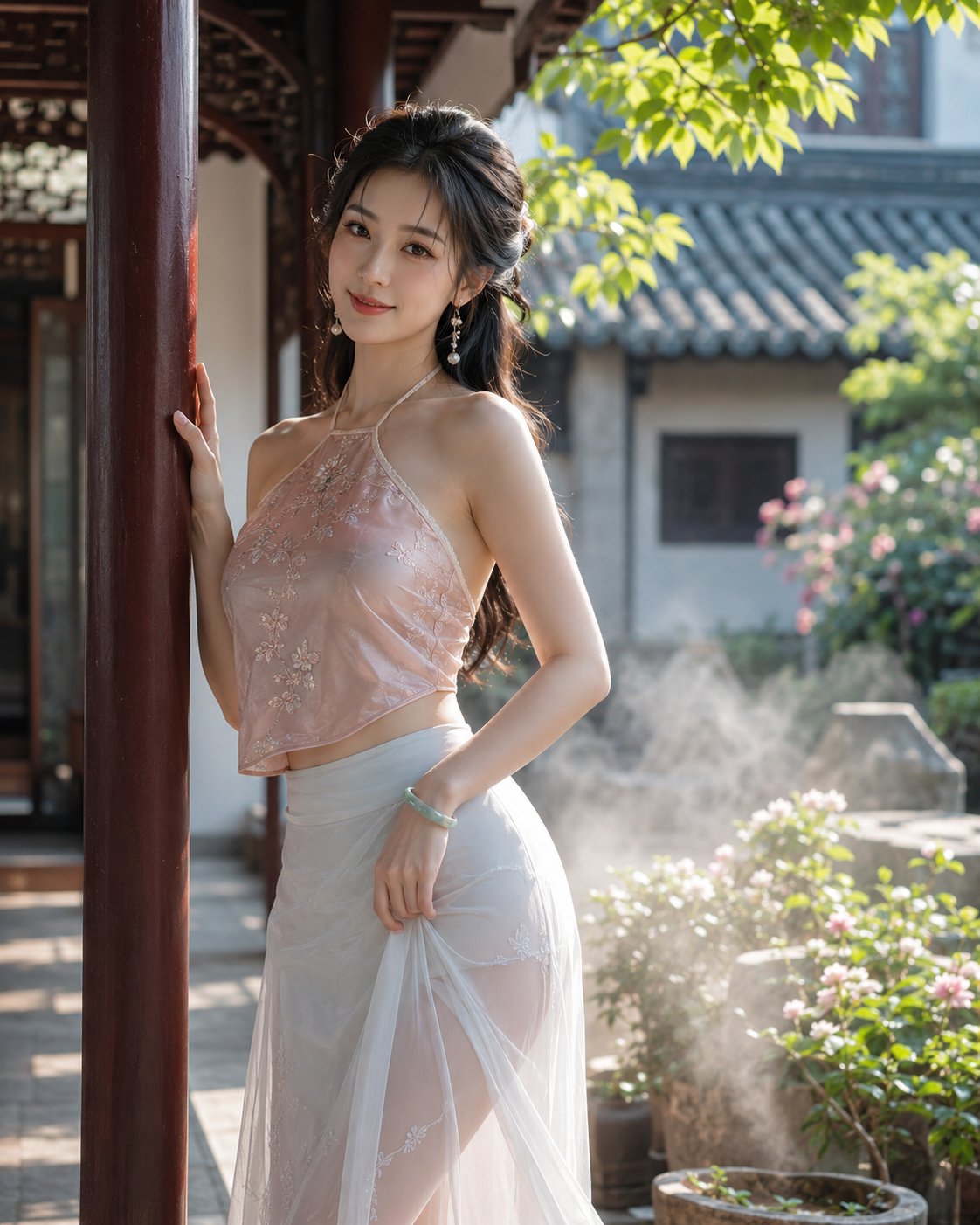 Nanobanana Pro 生成 新中式庭院粉色真丝肚兜女性写实写真 - AI绘画提示词