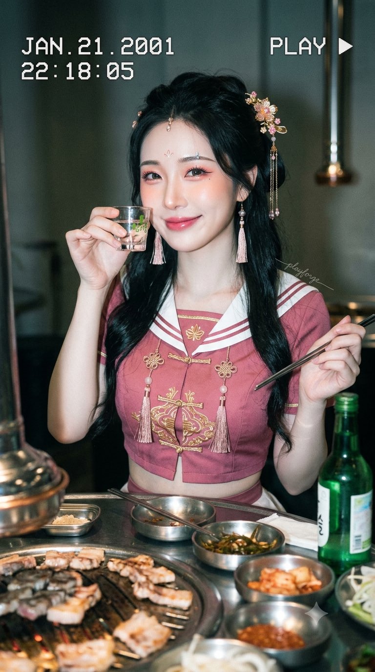 Nanobanana Pro 生成 新中式唐风韩系混搭少女DV胶片感摄影 - AI绘画提示词